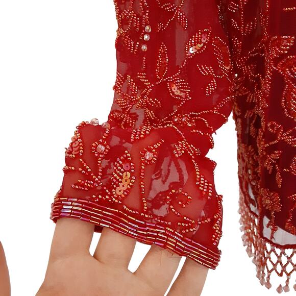 Vintage 70s Jack Bryan Beaded Sheer Silk Tunic Top Cherry Red Evening Holiday - Picture 8 of 15